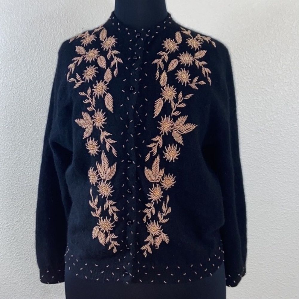 Vintage Rhinestone Sequins Wool Embroidered Black Sweater Size 44